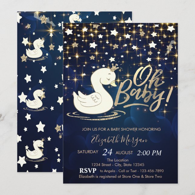 Invitación Oh Baby Swan Crown Stars Navy Blue Baby Shower (Anverso / Reverso)
