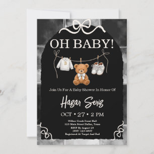 Invitación Oh Baby Teddy Bear Baby Shower Negro Y Blanco