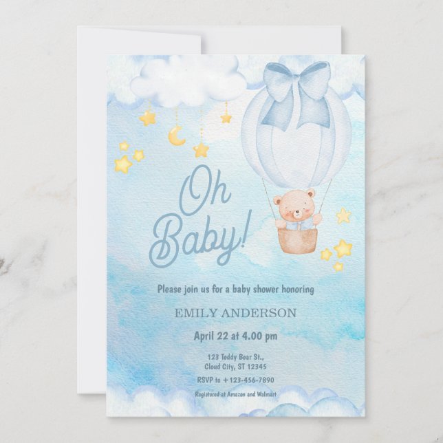 Invitación Oh Baby Teddy Bear Balloon Boy Baby Shower  (Anverso)