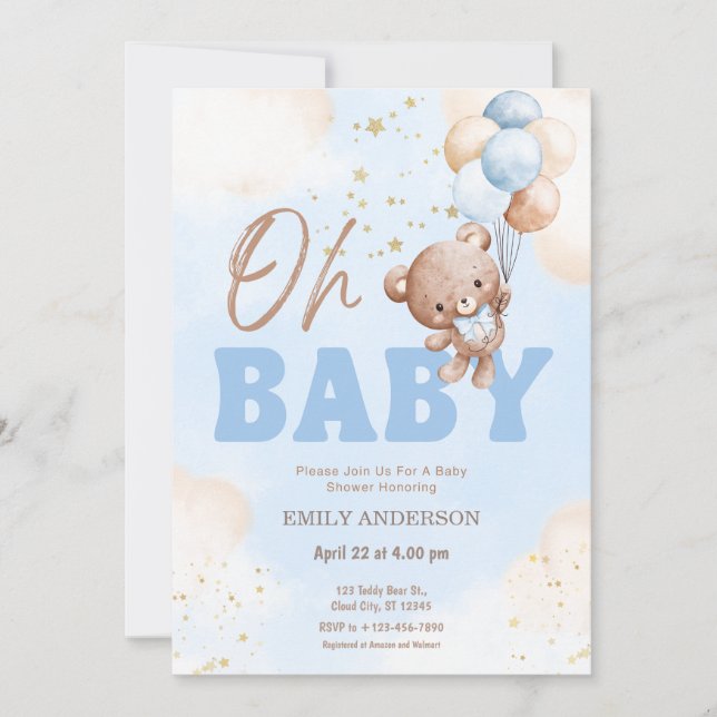 Invitación Oh Baby Teddy Bear Balloons Boy Baby Shower  (Anverso)