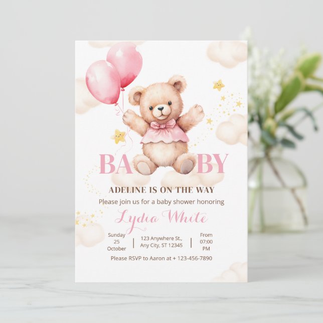 Invitación Oh Baby Teddy Bear Con Chica De Globo Baby Shower (Anverso de pie)