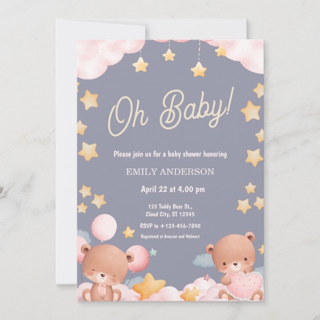 Invitación Oh Baby Teddy Bear Twinkle Little Star Baby Shower (Anverso)