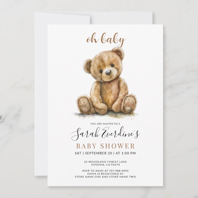 Invitación Oh Baby Teddy Bear Watercolor Baby Shower (Anverso)