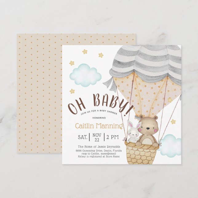 Invitación Oh Baby Teddy Bear Woodland Neutral Baby Shower (Anverso / Reverso)