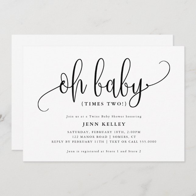 Invitación Oh Baby Times Two, Twins Calligraphy Baby Shower (Anverso / Reverso)