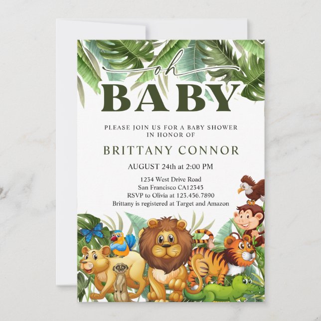 Invitación Oh Baby Tropical Jungle Safari Animals Baby Shower (Anverso)