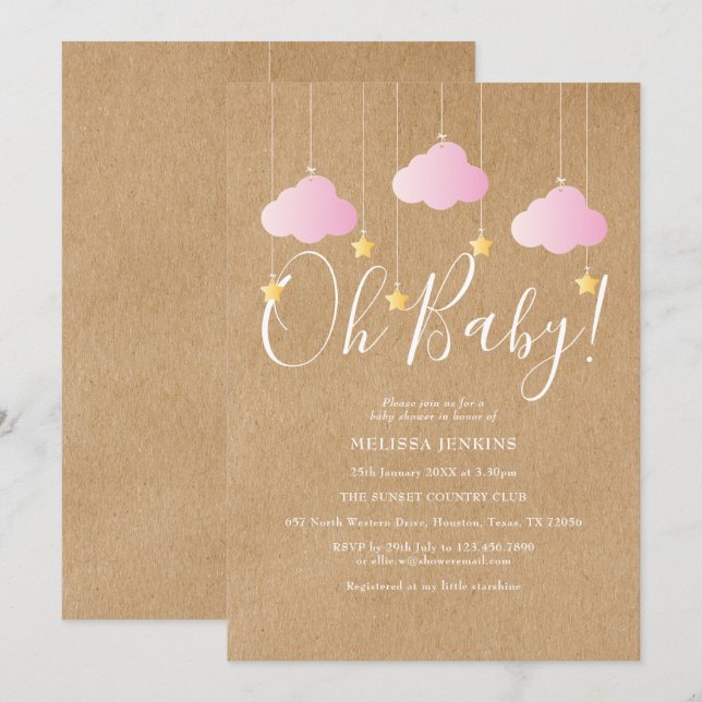 Invitación Oh Baby Twinkle Twinkle Baby Shower Rosa Rústico (Anverso / Reverso)