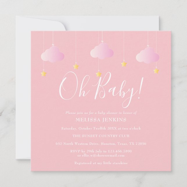 Invitación Oh Baby Twinkle Twinkle Fiesta de Bebé Rosa (Anverso)