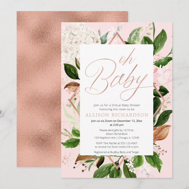 Invitación Oh Baby Virtual Baby Shower rosa dorado vegetación (Anverso / Reverso)