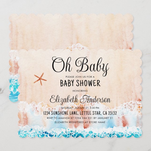 Invitación Oh Baby Watercolor Beach Baby Shower (Anverso / Reverso)