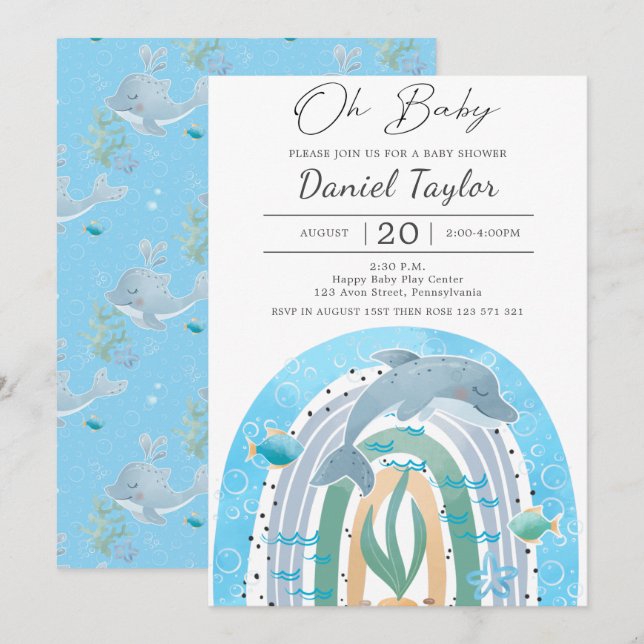 Invitación Oh baby Watercolor delphin Baby Baby Shower (Anverso / Reverso)