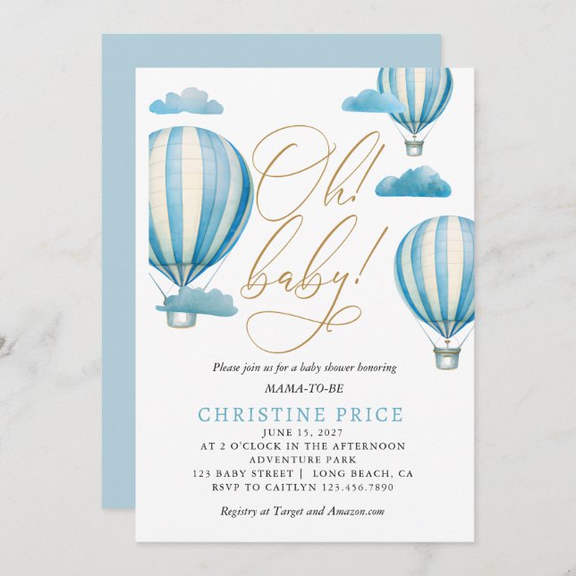 Invitación Oh Baby Watercolor Hot Air Balloons Baby Shower (Anverso / Reverso)