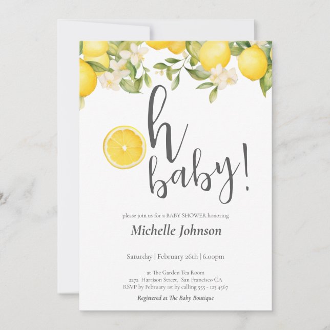 Invitación Oh Baby Watercolor Lemon Baby Shower (Anverso)