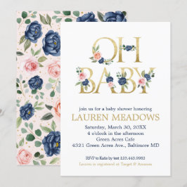 Invitación Oh Baby Watercolor Navy y Coral Floral Baby Shower