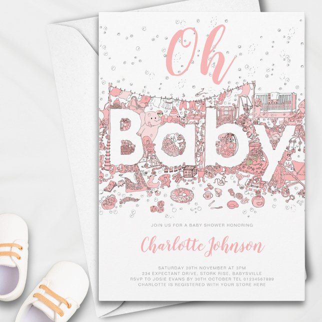 Invitación Oh Baby Watercolor Pink Baby Shower (Oh baby pink watercolor baby shower Invitation )