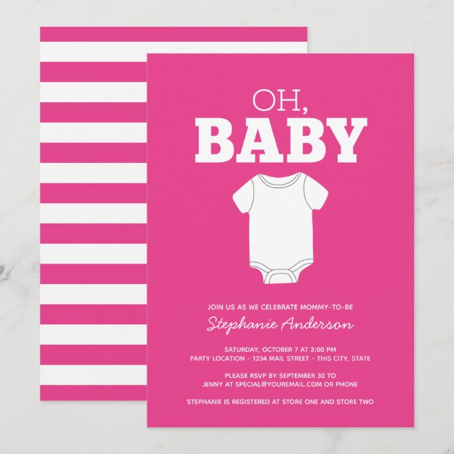 Invitación Oh Baby - Whimsical Tee Hot Pink Chica Shower (Anverso / Reverso)