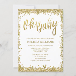 Invitación Oh Baby White Gold Purpurina Baby Shower