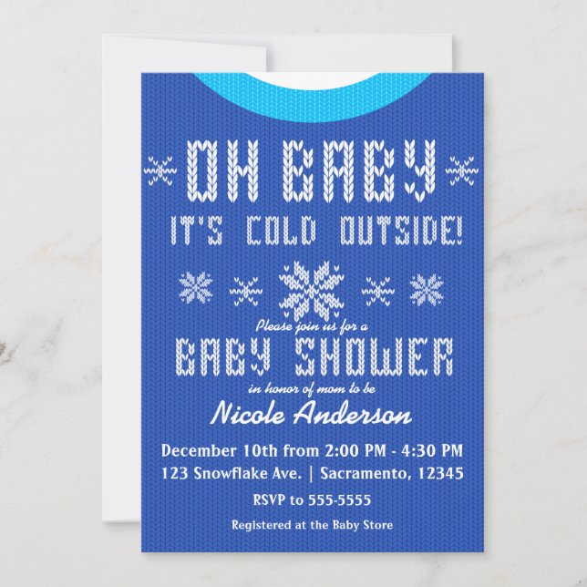 Invitación OH BABY Winter Knit Baby Shower Sweater Blue White (Anverso)