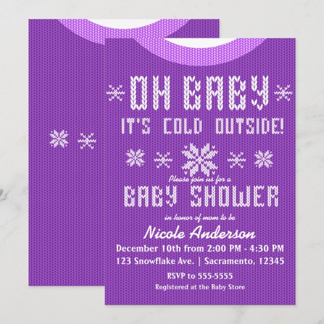 Invitación OH BABY Winter Knit Sweater Purple (Anverso / Reverso)
