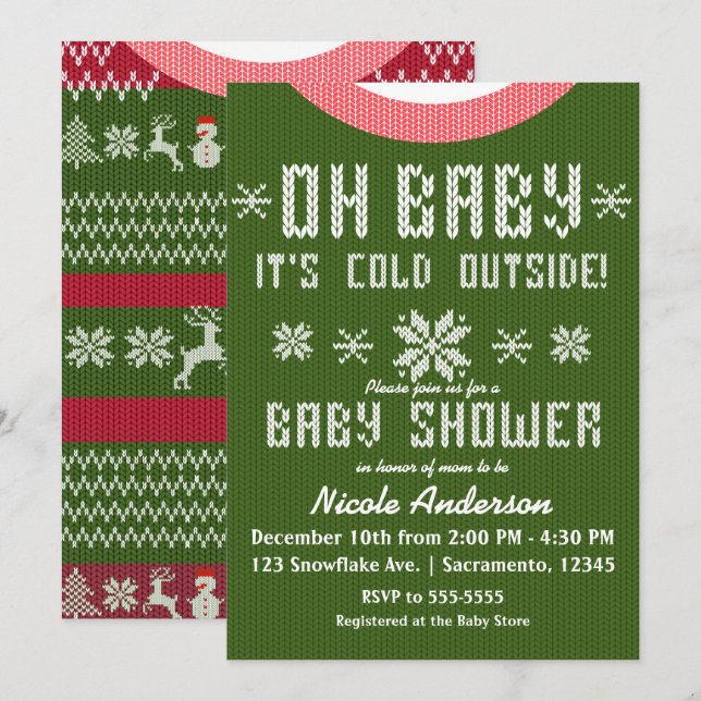 Invitación OH BABY Winter Knit Sweater Red Green (Anverso / Reverso)
