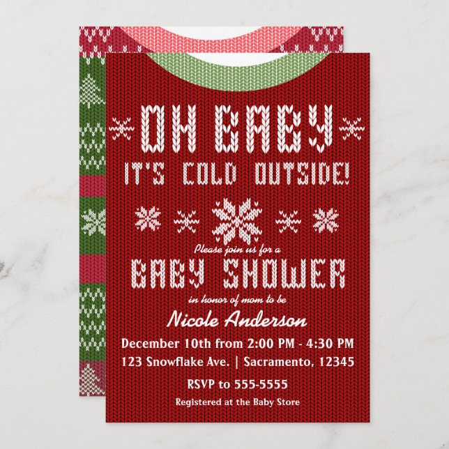 Invitación OH BABY Winter Knit Sweater Red Green (Anverso / Reverso)