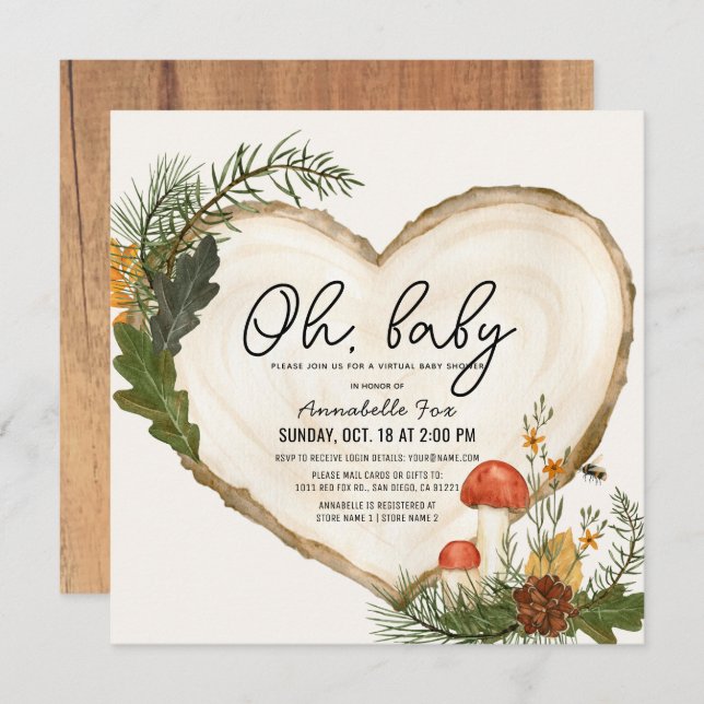 Invitación Oh Baby Wood Slice Mushroom Virtual Baby Shower (Anverso / Reverso)