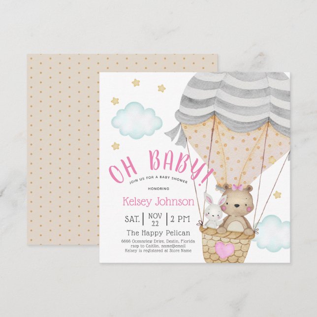 Invitación Oh Baby Woodland Teddy Bear Baby Shower Rosa (Anverso / Reverso)