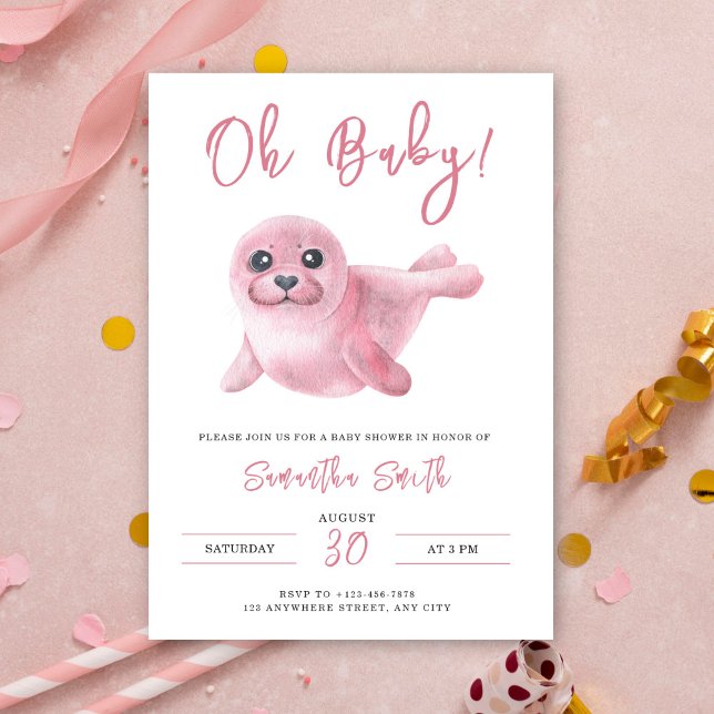 Invitación ¡Oh bebé! Acolchado de bebé foca rosa acuarela (Subido por el creador)