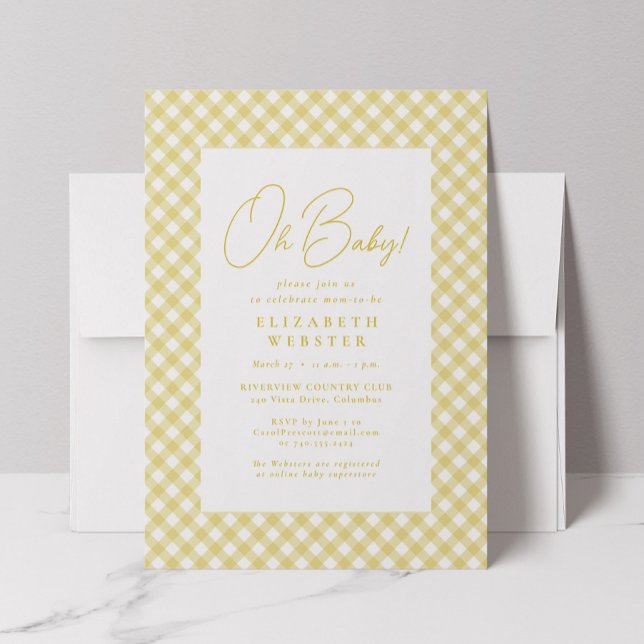 Invitación Oh bebé, adorable gingham amarillo neutral para ba (Subido por el creador)