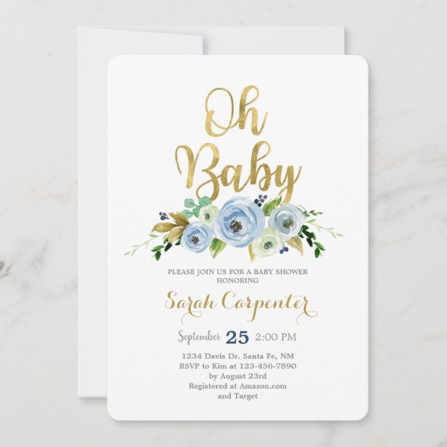 Invitación Oh bebé azul floral ducha de bebé (Anverso)