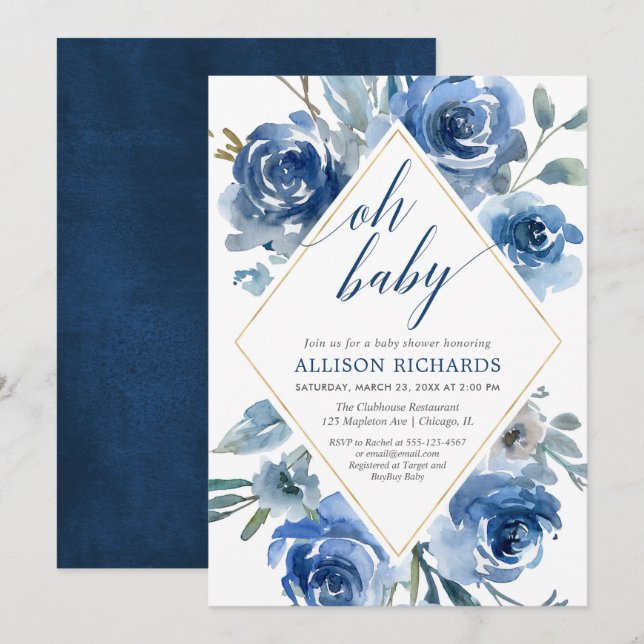Invitación Oh bebé azul marino blanco floral bebé ducha de be (Anverso / Reverso)
