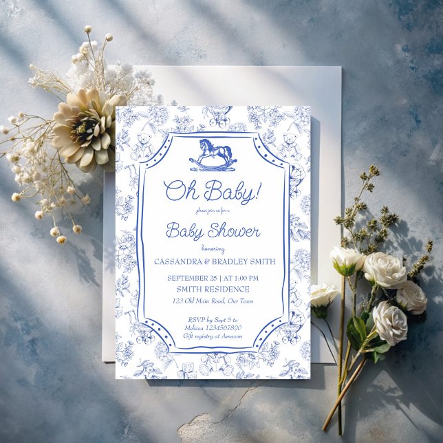 Invitación Oh bebé azul mecanografía de caballo bebé ducha de (Oh baby dusty blue rocking horse vintage sketch toile de jouy baby shower invitation template)