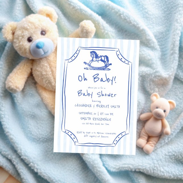 Invitación Oh bebé azul mecanografía de caballo bebé ducha de (Oh baby dusty blue vintage rocking horse sketch baby shower invitation template)