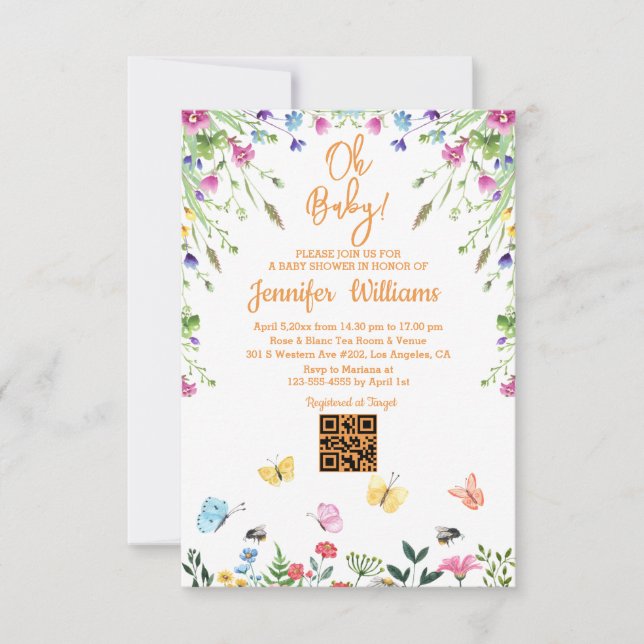 Invitación oh bebé, baby ducha qr código naranja floral (Anverso)