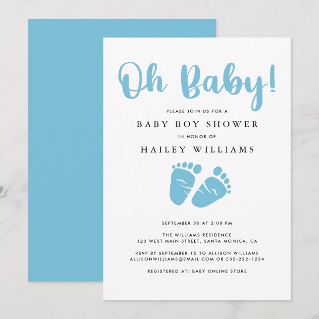 Invitación Oh bebé | Baby Feet Boy Blue Baby Shower (Anverso / Reverso)
