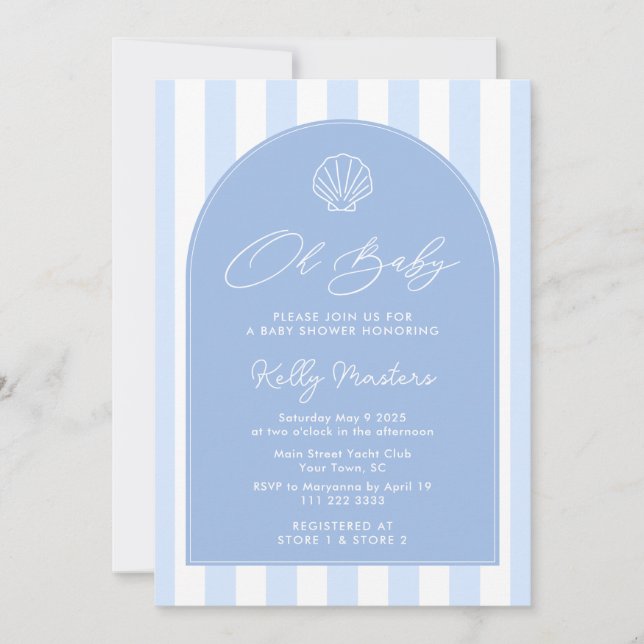 Invitación Oh Bebé Baby Shower Moderno Costero Azul Y Blanco (Anverso)