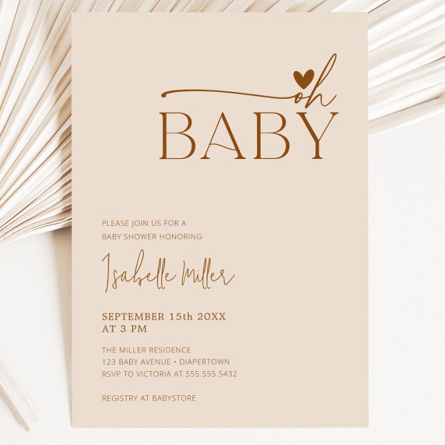 Invitación Oh bebé Baby Shower moderno de género beige neutro (Oh Baby Modern Beige Gender Neutral Baby Shower Invitation)