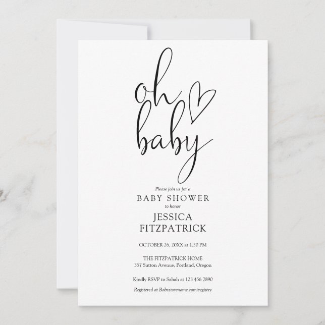 Invitación Oh Bebé Baby Shower Neutral De Género Blanco Y Neg (Anverso)