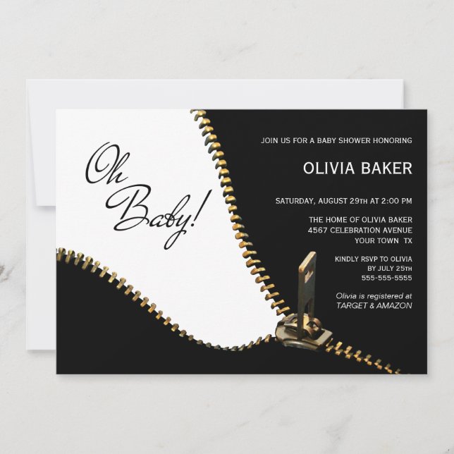 Invitación Oh Bebé Blanco Negro con Baby Shower de cremallera (Anverso)