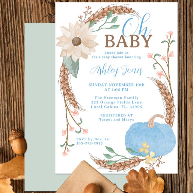 Invitación Oh Bebé Blue Pumpkin Shower Invite (Blue Pumpkin Fall Pumpkin Baby Shower Invitation)