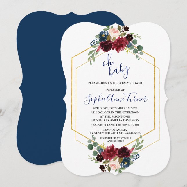 Invitación Oh bebé Burgundy Floral Gold Hexagon Baby Shower (Anverso / Reverso)