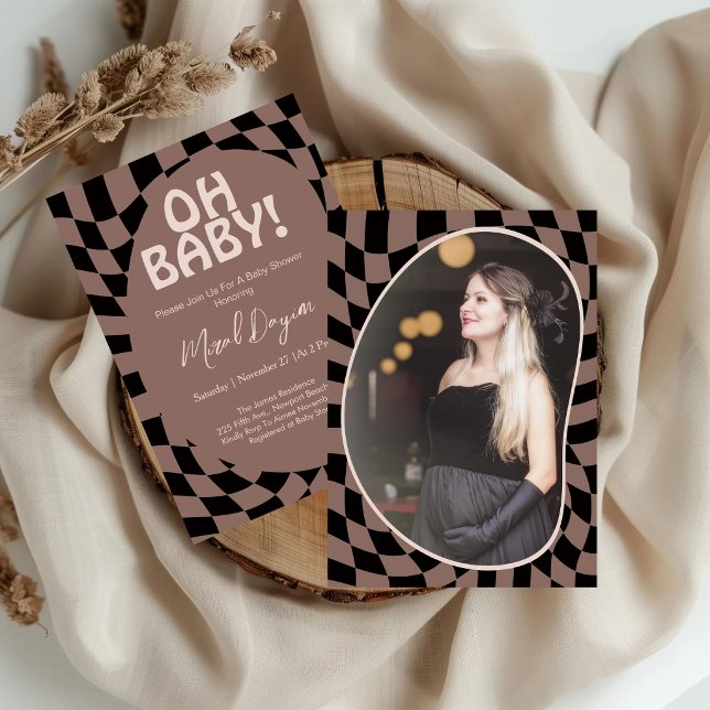 Invitación ¡Oh Bebé! Café Marrón Cuadros Moderna Fiesta de Be (Subido por el creador)