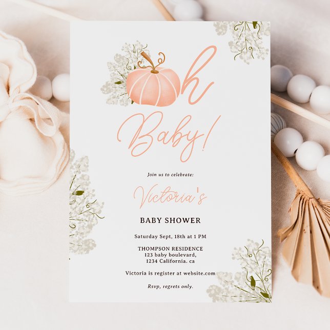 Invitación Oh bebé calabaza rosa chica floral ducha bebé (Oh Baby pink pumpkin floral girl baby shower Invitation)