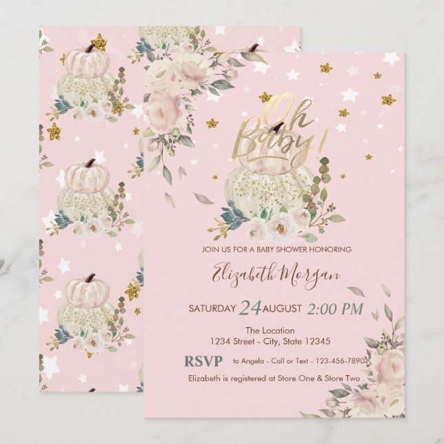 Invitación Oh bebé, calabazas, Baby Shower de estrellas (Anverso / Reverso)