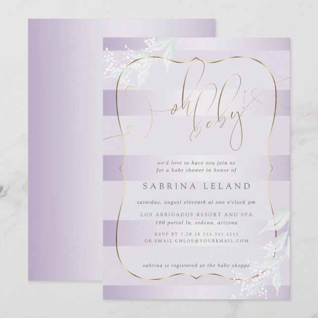 Invitación ¡OH Bebé! Caligrafía Ombré Lilac Stripes (Anverso / Reverso)