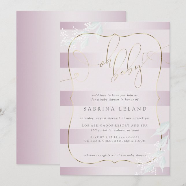 Invitación ¡OH Bebé! Calligraphy Ombré Rosa Rayas rosadas (Anverso / Reverso)
