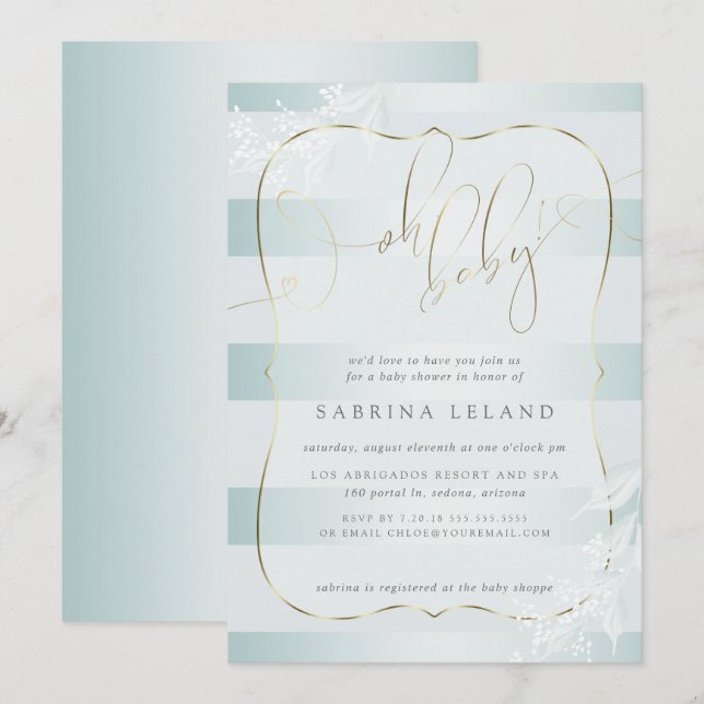 Invitación ¡OH Bebé! Calligraphy Ombré Verde azulado de franj (Anverso / Reverso)
