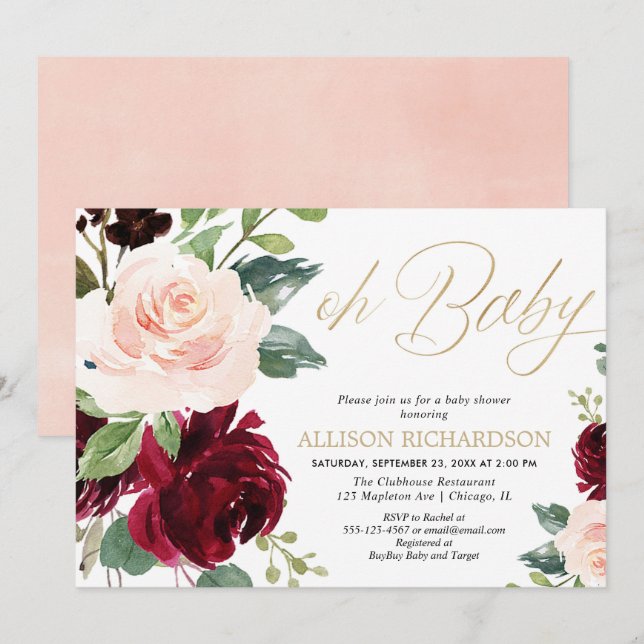 Invitación Oh bebé chica con flores de oro rosa burgundy (Anverso / Reverso)