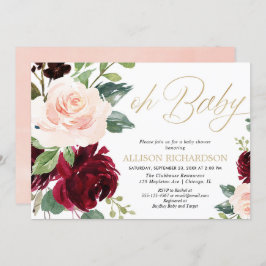 Invitación Oh bebé chica con flores de oro rosa burgundy