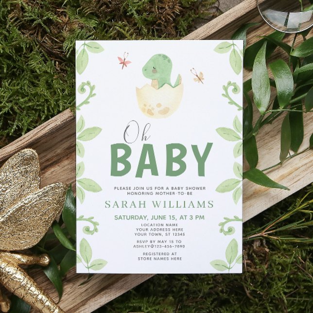 Invitación Oh bebé Chica de dinosaurios Ducha acuarela verde (Get ready for a Jurassic celebration with our adorable dinosaur baby shower invitations! 🦕)
